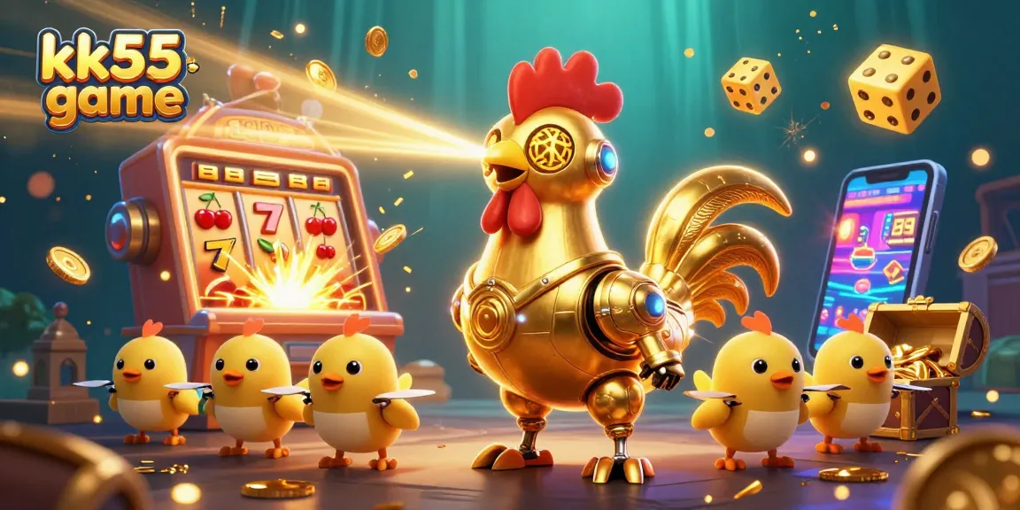 Engage with kk55 game in an exciting 3D casino scene featuring a golden rooster robot and slot machine.