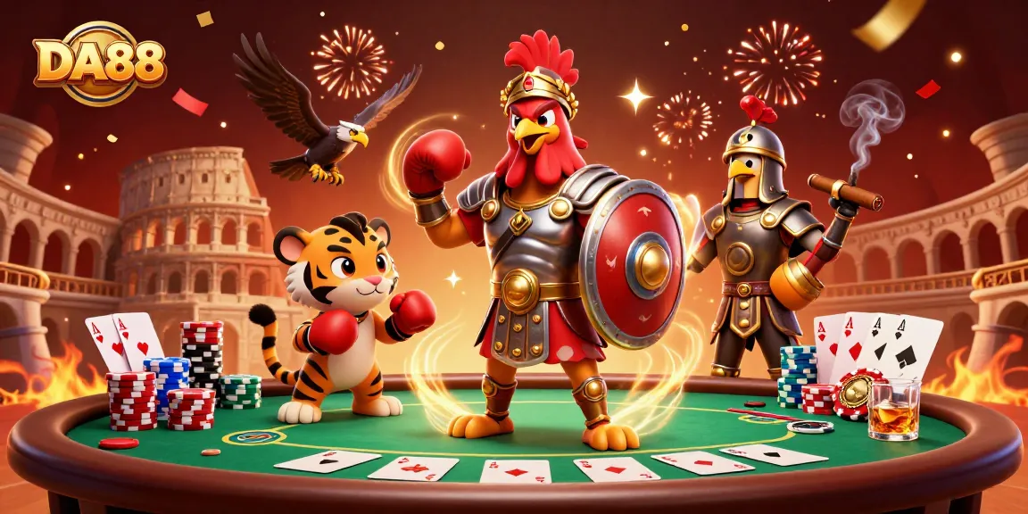 DA88 delivers an exciting poker experience with a cartoon rooster and tiger, celebrating wins amidst rich casino elements.