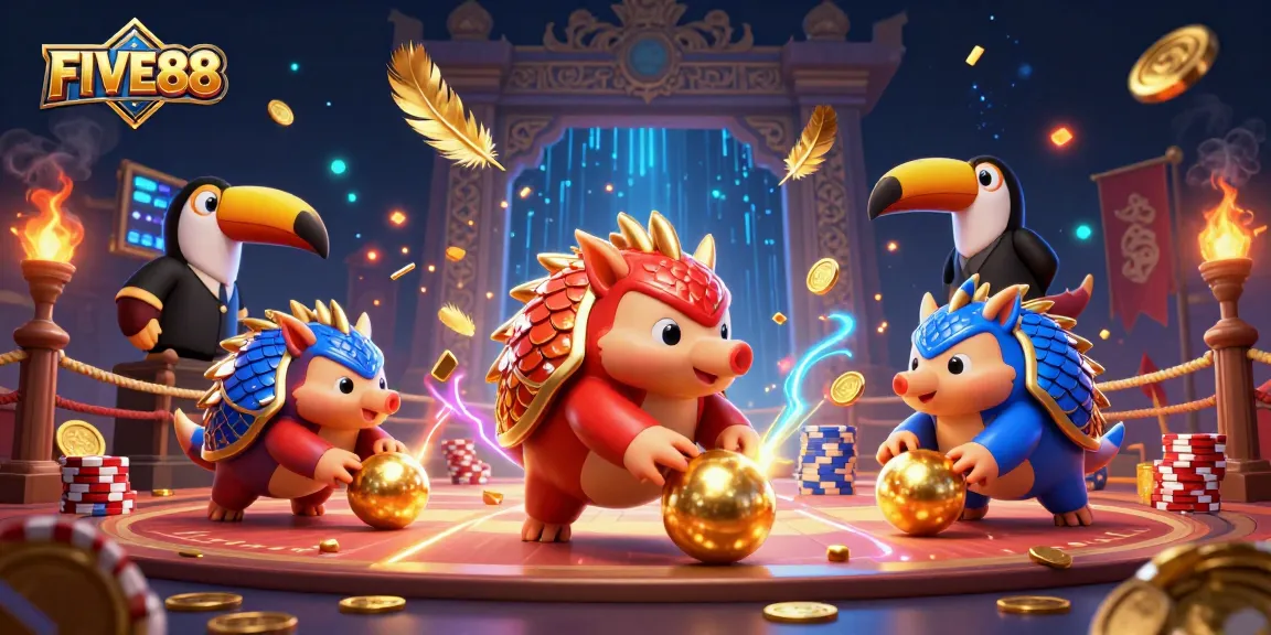Engage with FIVE88's thrilling atmosphere featuring a colorful rivalry between armored pangolins and poker chips.