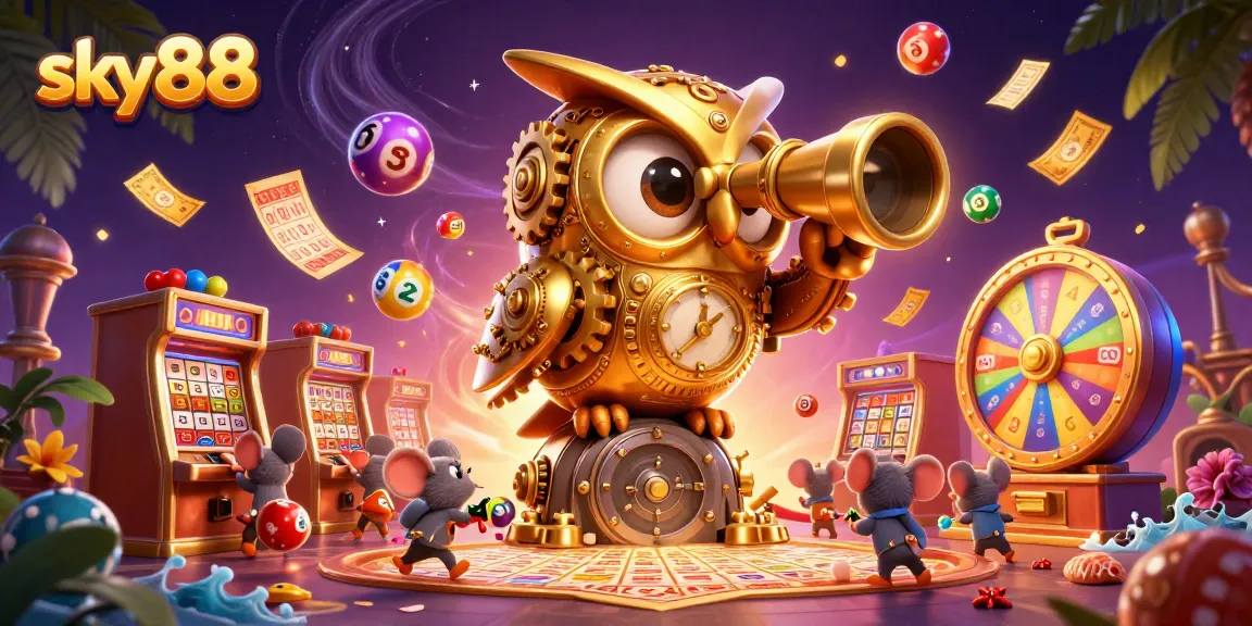 Experience thrilling chances at sky88 with a dynamic digital casino illustration showcasing vibrant lottery elements.