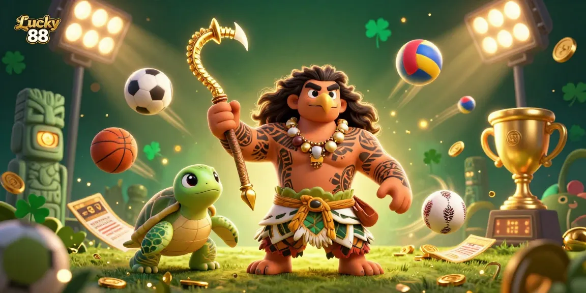 Experience thrilling gameplay at Lucky 88 with a dynamic scene featuring sports betting elements and captivating characters.