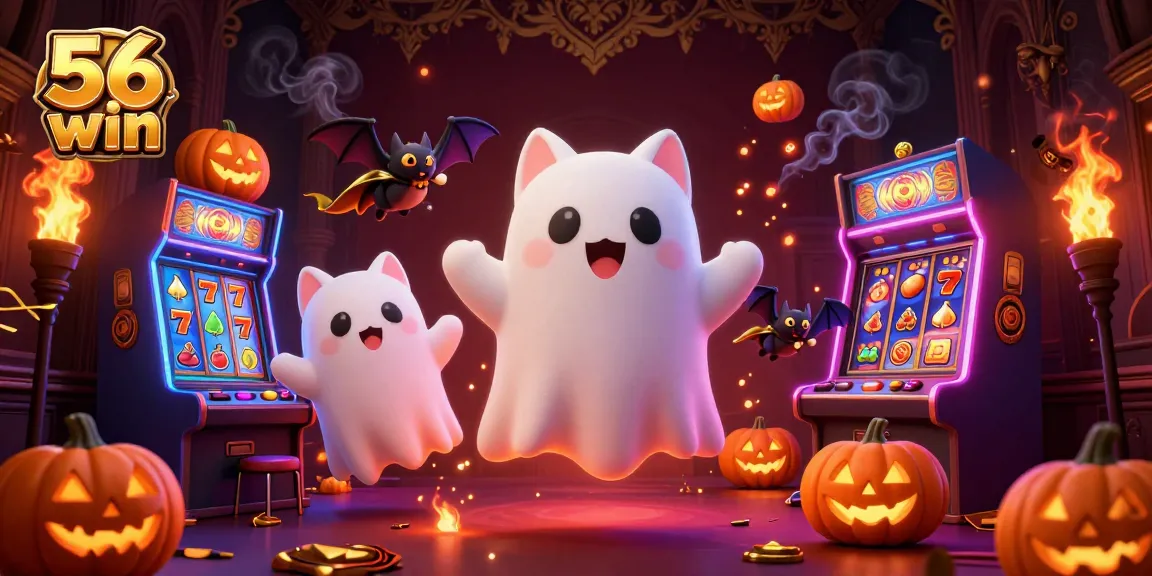 Vivid ghost cat and bat encounter fruit-filled slot machines in 56 win casino lights.