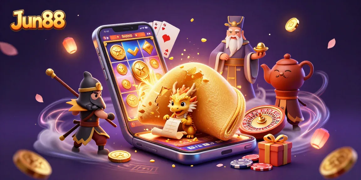 Experience casino excitement with Jun88's dynamic illustration featuring golden fortune cookie characters and vibrant gaming elements.