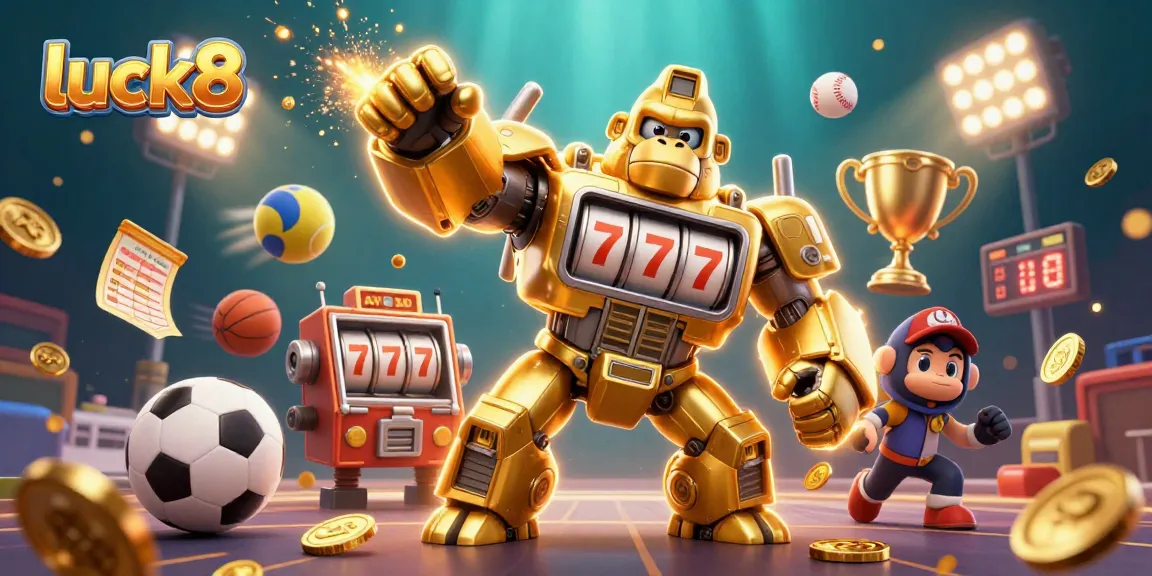 Engage with luck8, the dynamic casino experience featuring a golden gorilla mech and exciting game elements.