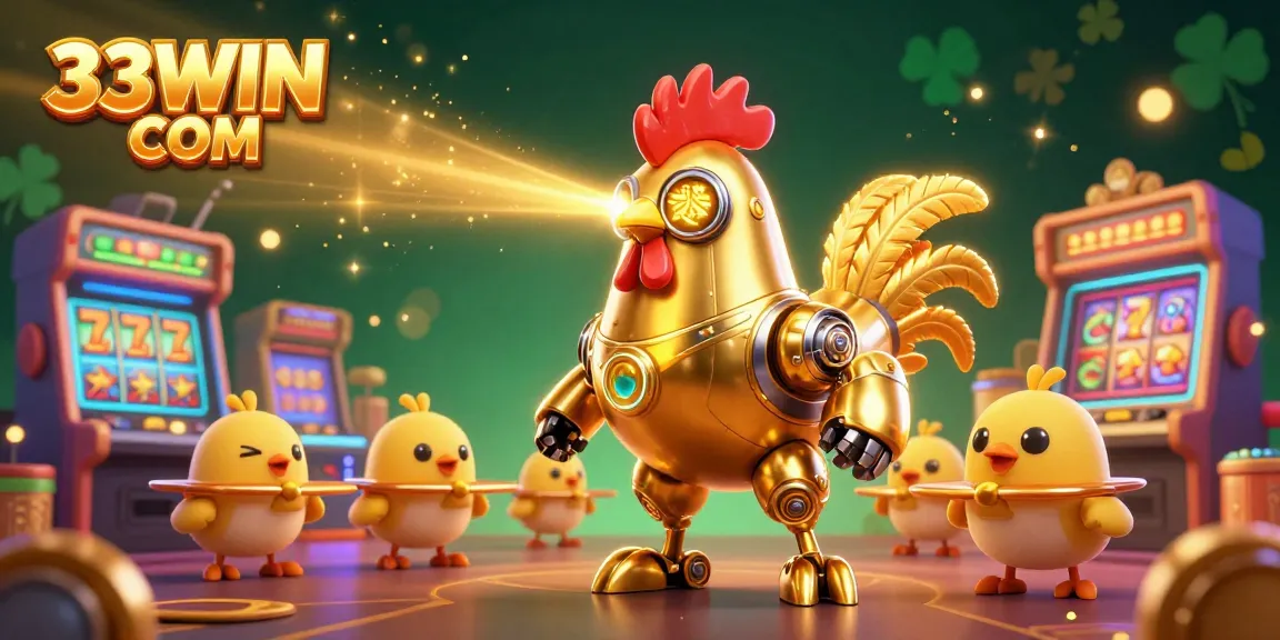 Engage in gaming excitement with 33WIN COM and a retro futuristic golden rooster robot leading a dynamic gaming scene.