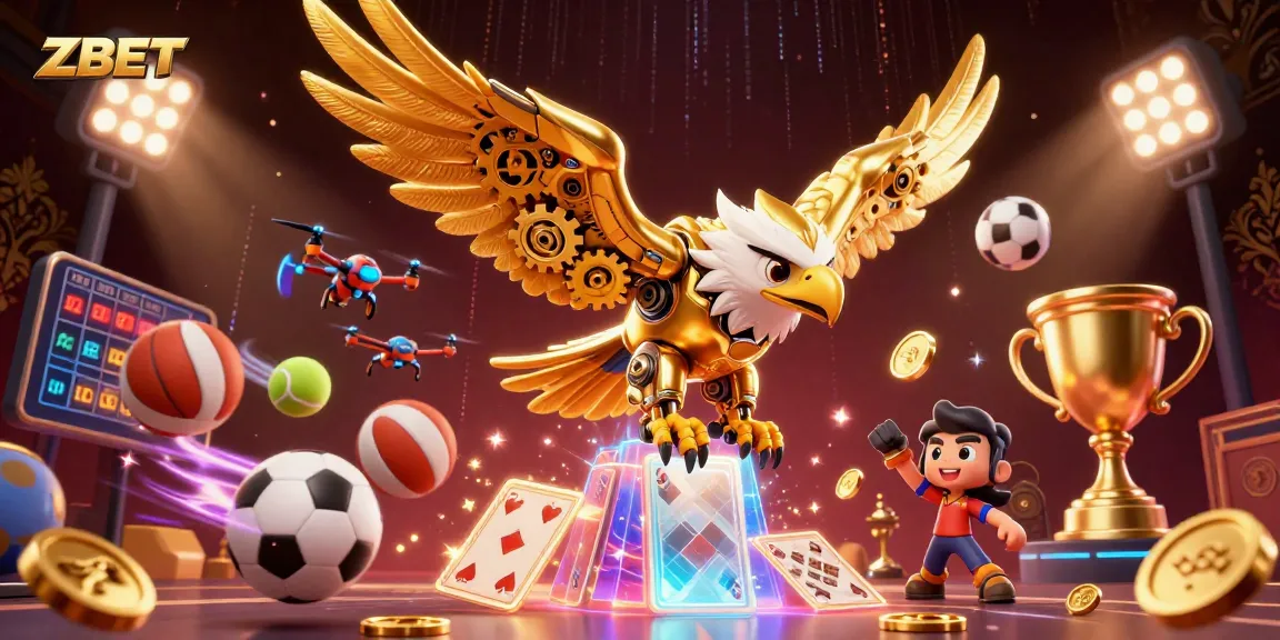 ZBET: Experience thrilling sports betting and gaming action with a dynamic illustration of a cybernetic eagle and sports elements.