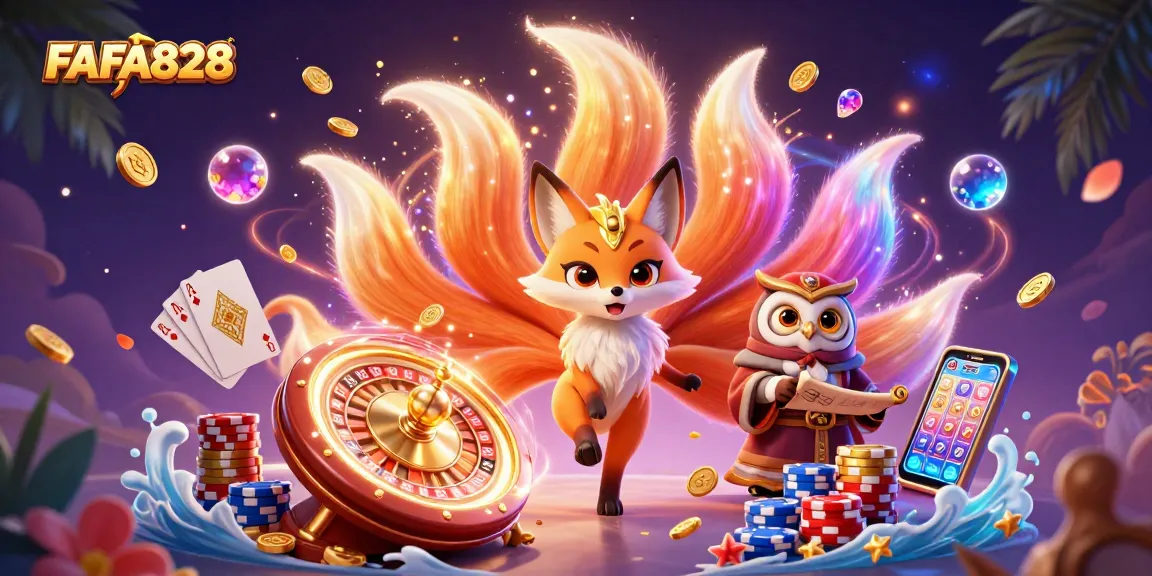 FAFA828 revitalizes gameplay with a vibrant scene of a nine-tailed fox and owl amidst casino treasures.