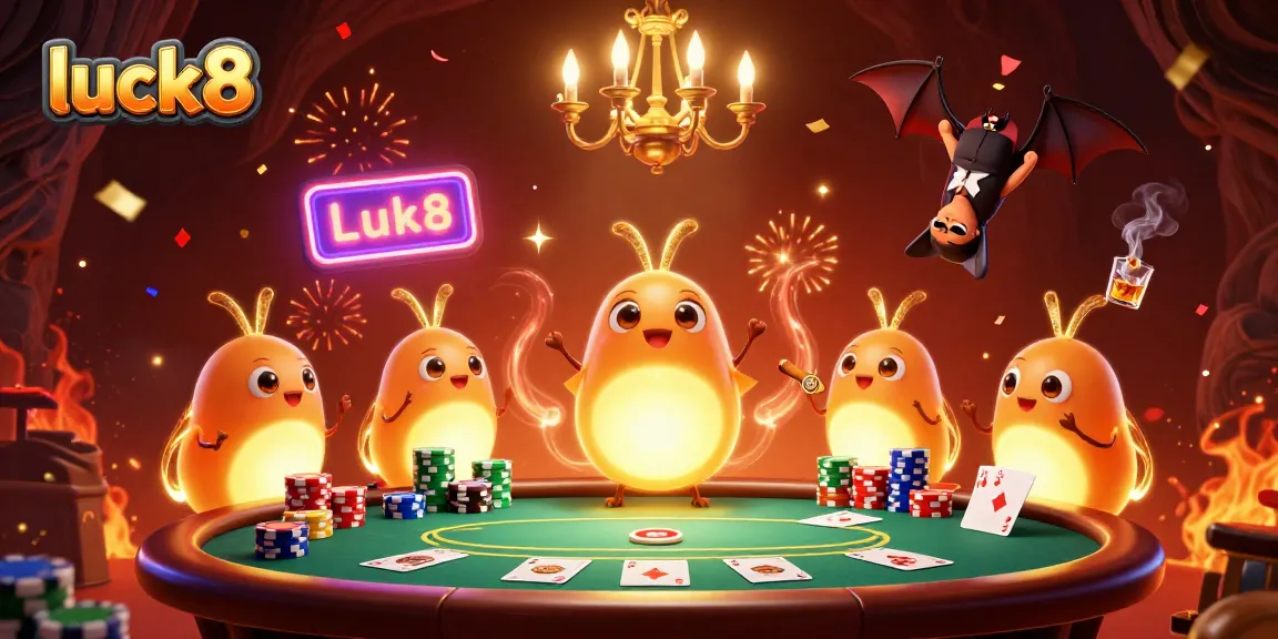 Experience excitement at Luck8's vibrant casino with glowworms illuminating the poker table.