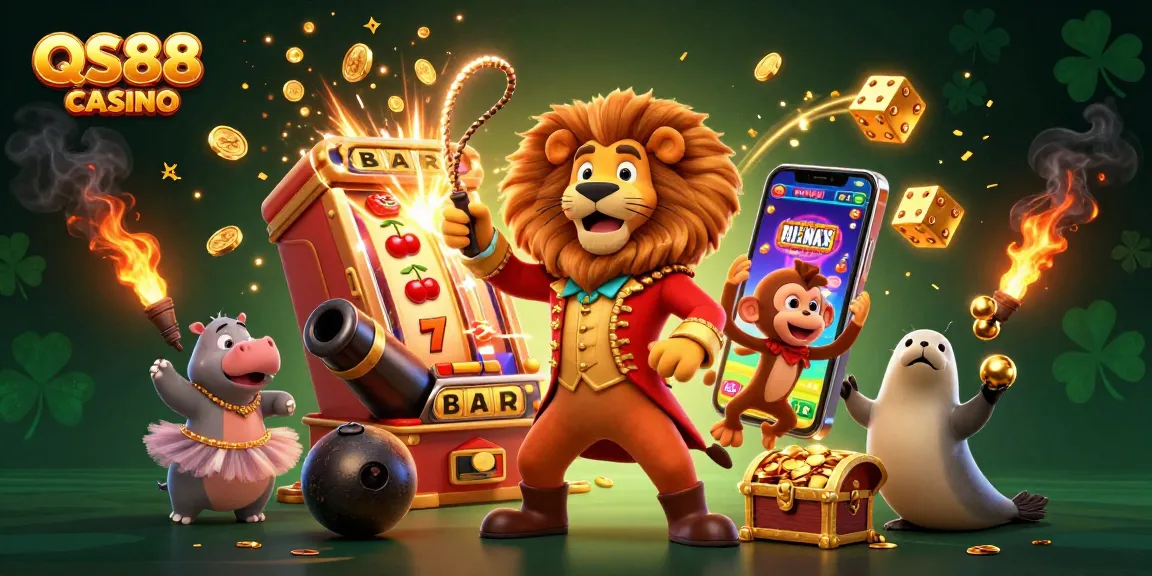 Experience the excitement of QS88 casino with a dynamic circus-themed illustration featuring a lion, hippo, monkey, and seal among casino elements.