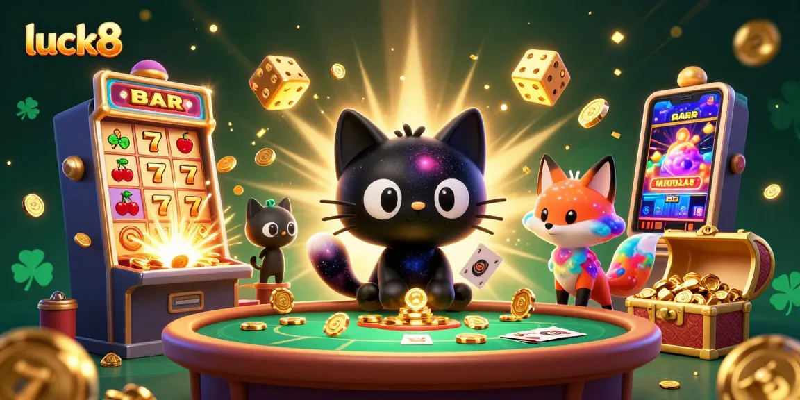 Luck8 enchants players with a cosmic casino scene featuring a charming black hole cat and a nebula fox companion.