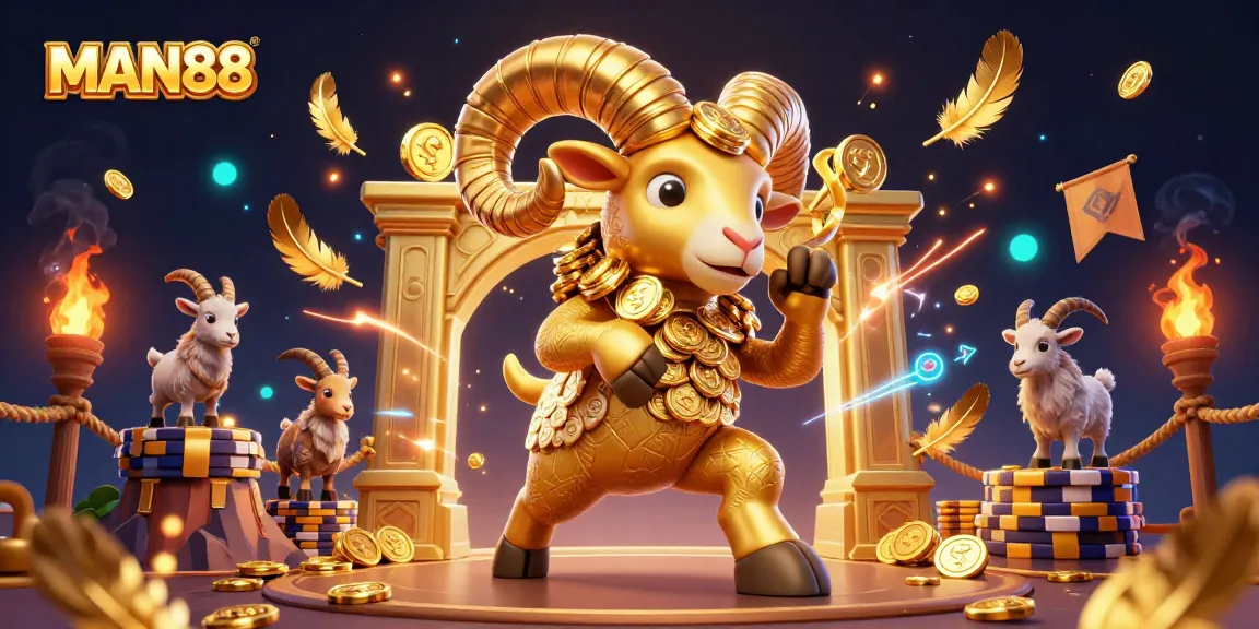 Engage with MAN88, the leading online casino, featuring a golden ram and gaming tokens.